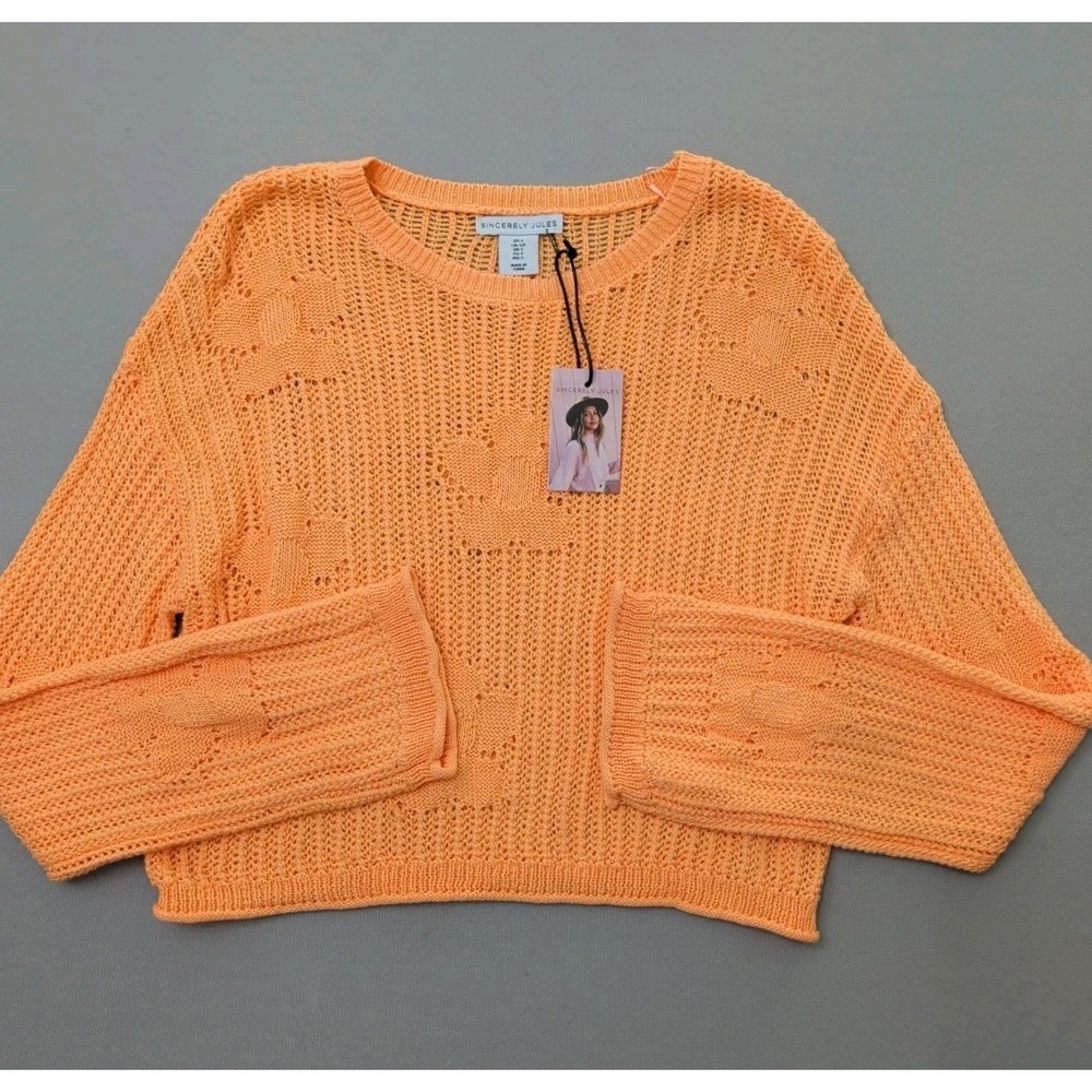 NWT Sincerely Jules Orange Roll Edge Loose Floral Knit Crop Sweater Sz S Boho